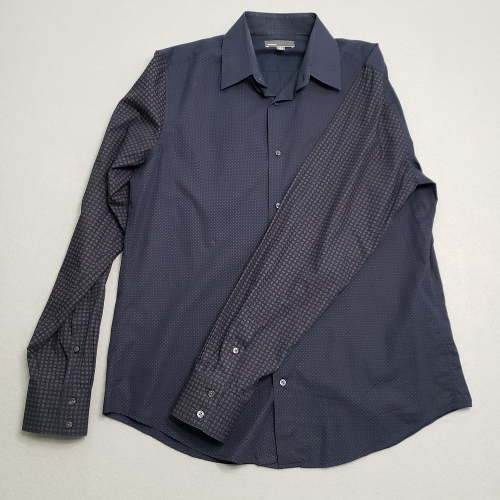 Vince Mens Navy Blue Mixed Pattern Button Down Shirt Italian Fabric M1505-1163 L